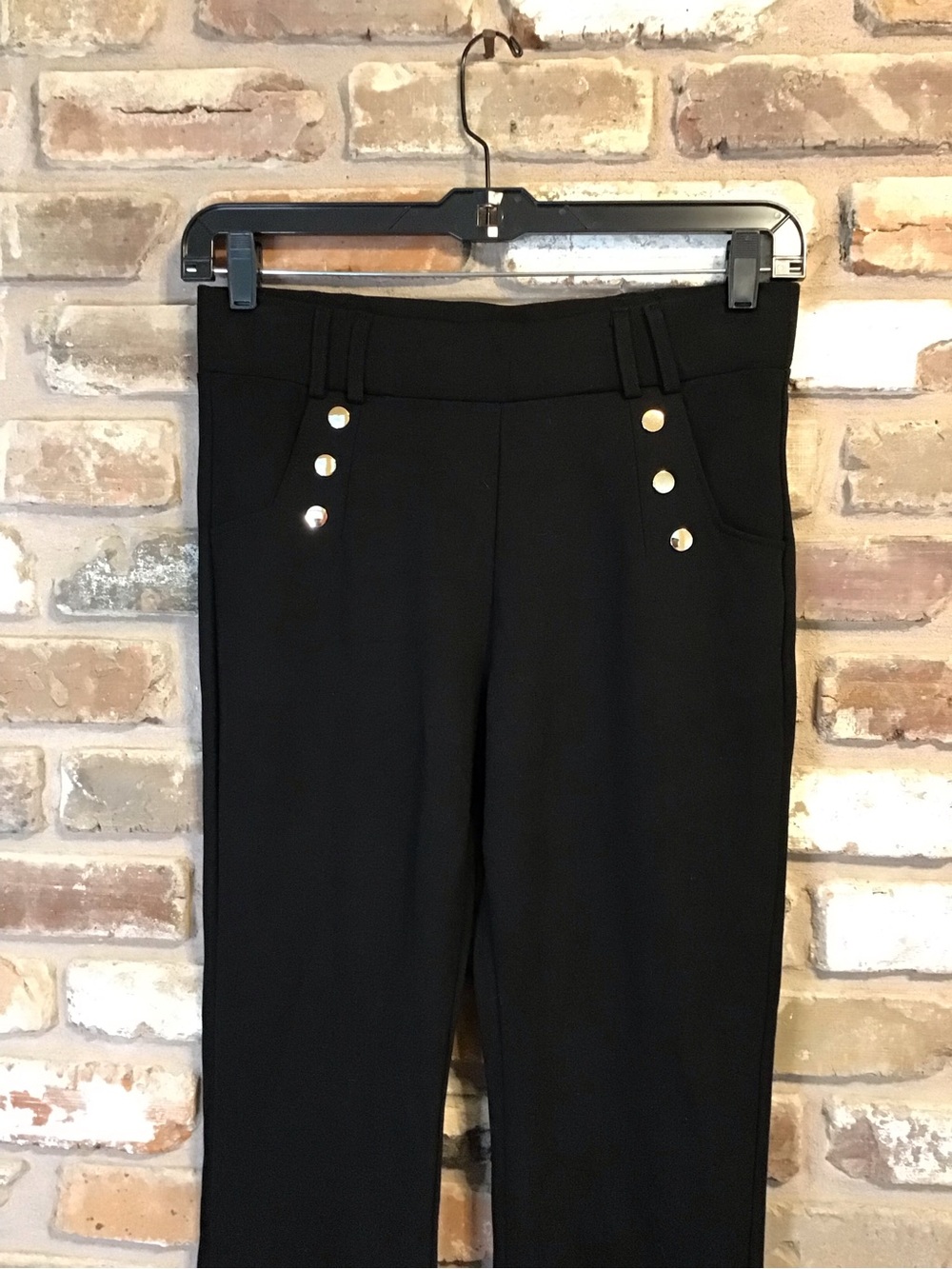 KAY UNGER Women's Black Wide-Leg Knit Pants with Gold Button Detail L - Picture 3 of 6